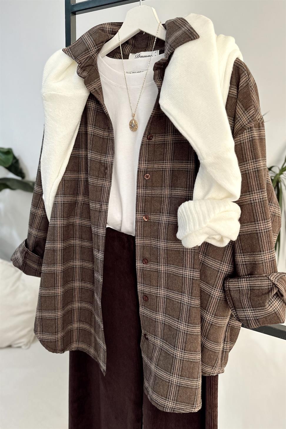 Oversize Ekose Gömlek Sütlü Kahve