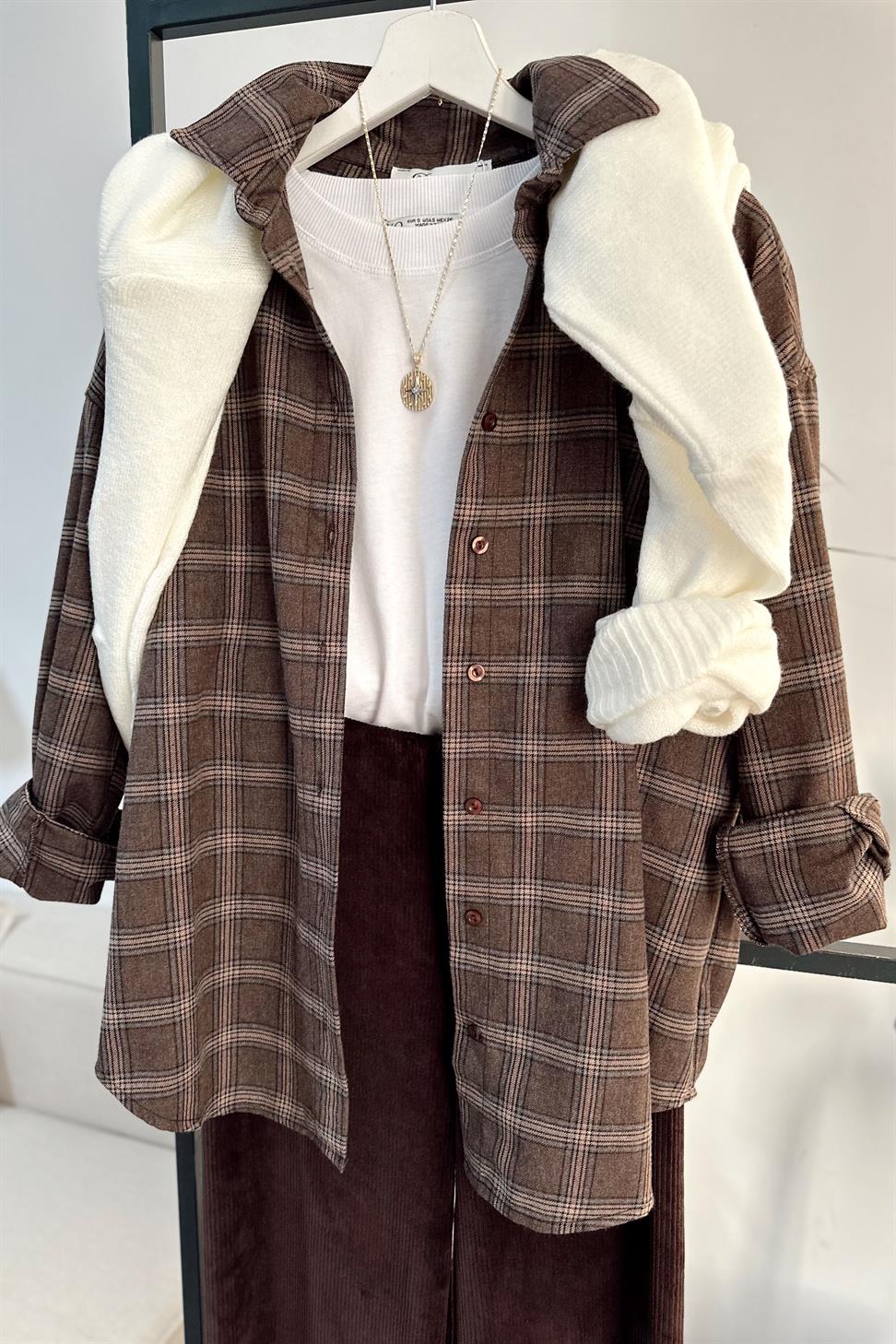 Oversize Ekose Gömlek Sütlü Kahve