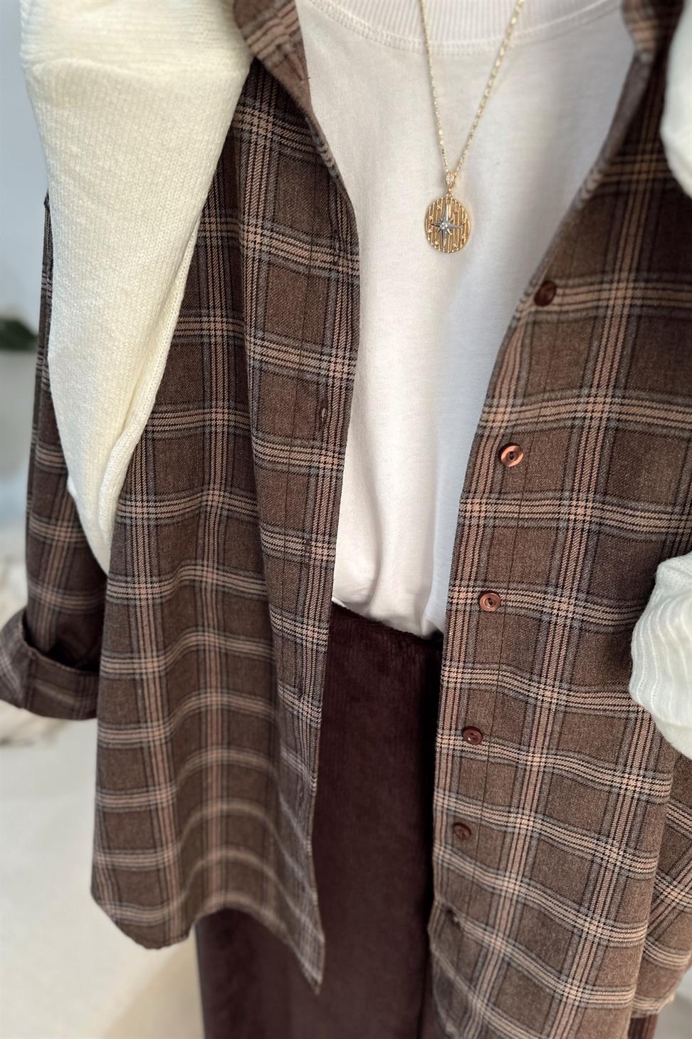 Oversize Ekose Gömlek Sütlü Kahve