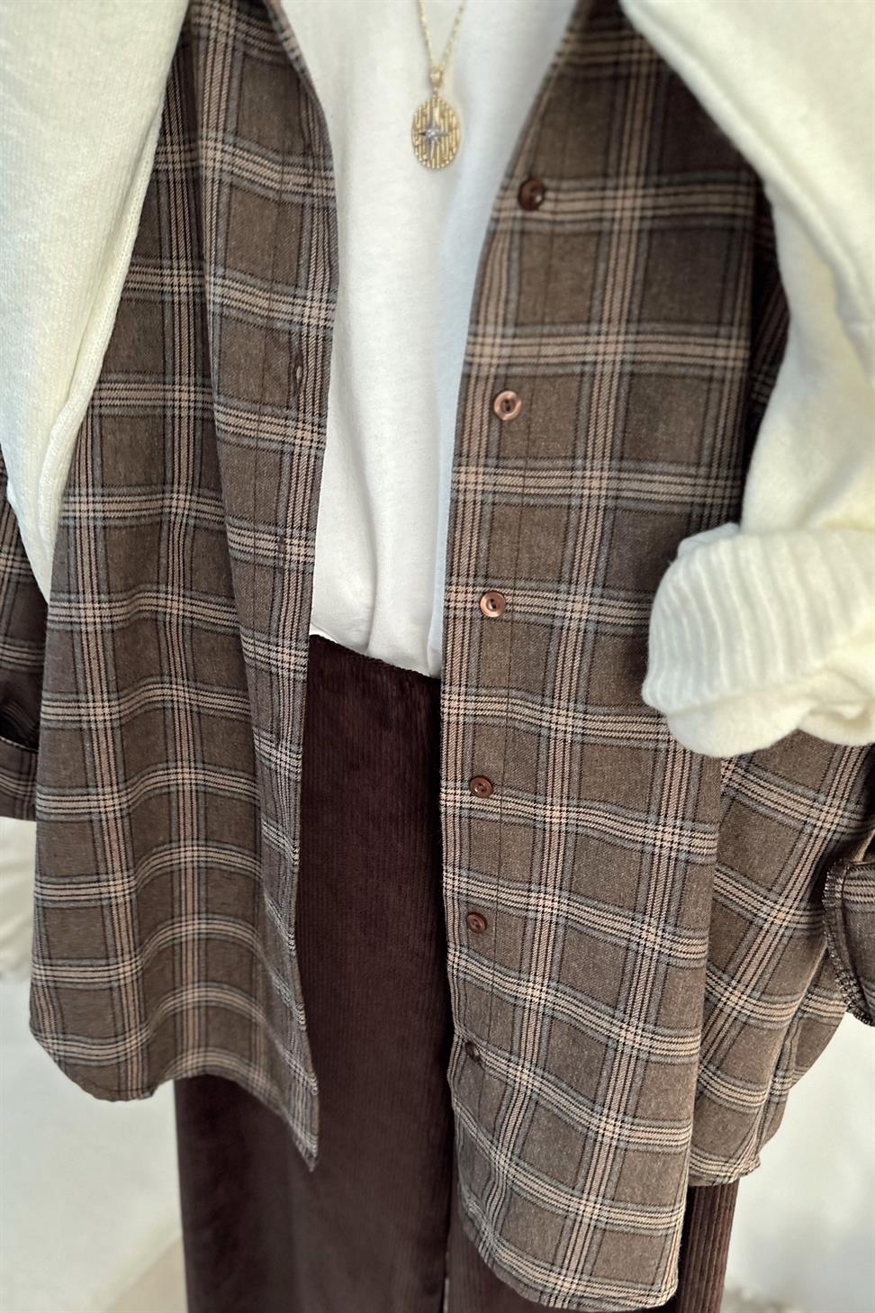 Oversize Ekose Gömlek Sütlü Kahve