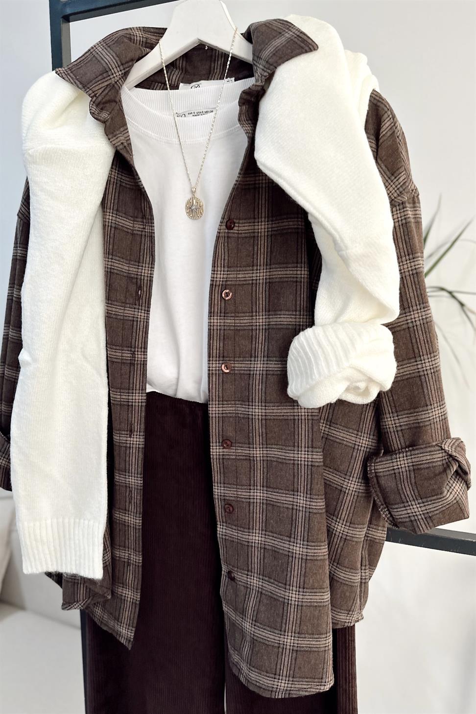 Oversize Ekose Gömlek Sütlü Kahve