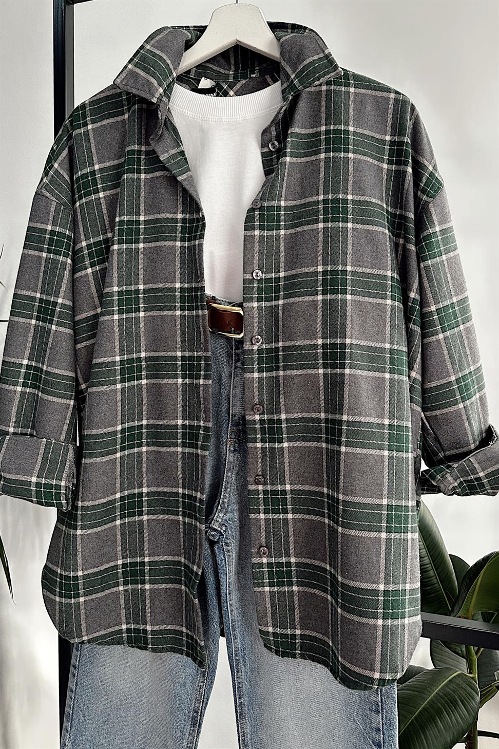 Oversize Ekose Gömlek Yeşil