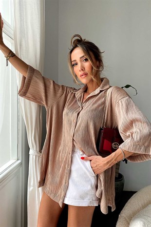 Oversize Fitilli Dökümlü Gömlek Vizon