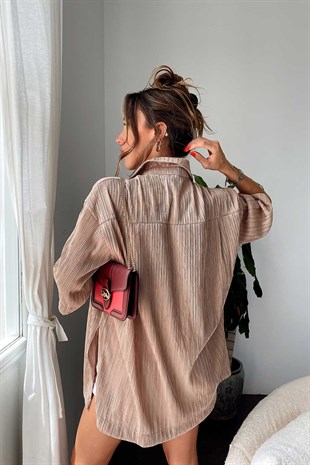 Oversize Fitilli Dökümlü Gömlek Vizon