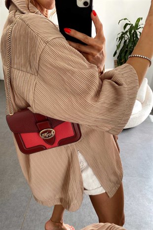 Oversize Fitilli Dökümlü Gömlek Vizon