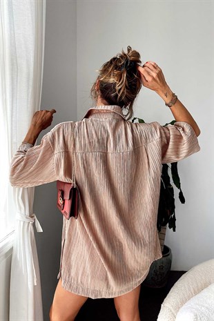 Oversize Fitilli Dökümlü Gömlek Vizon