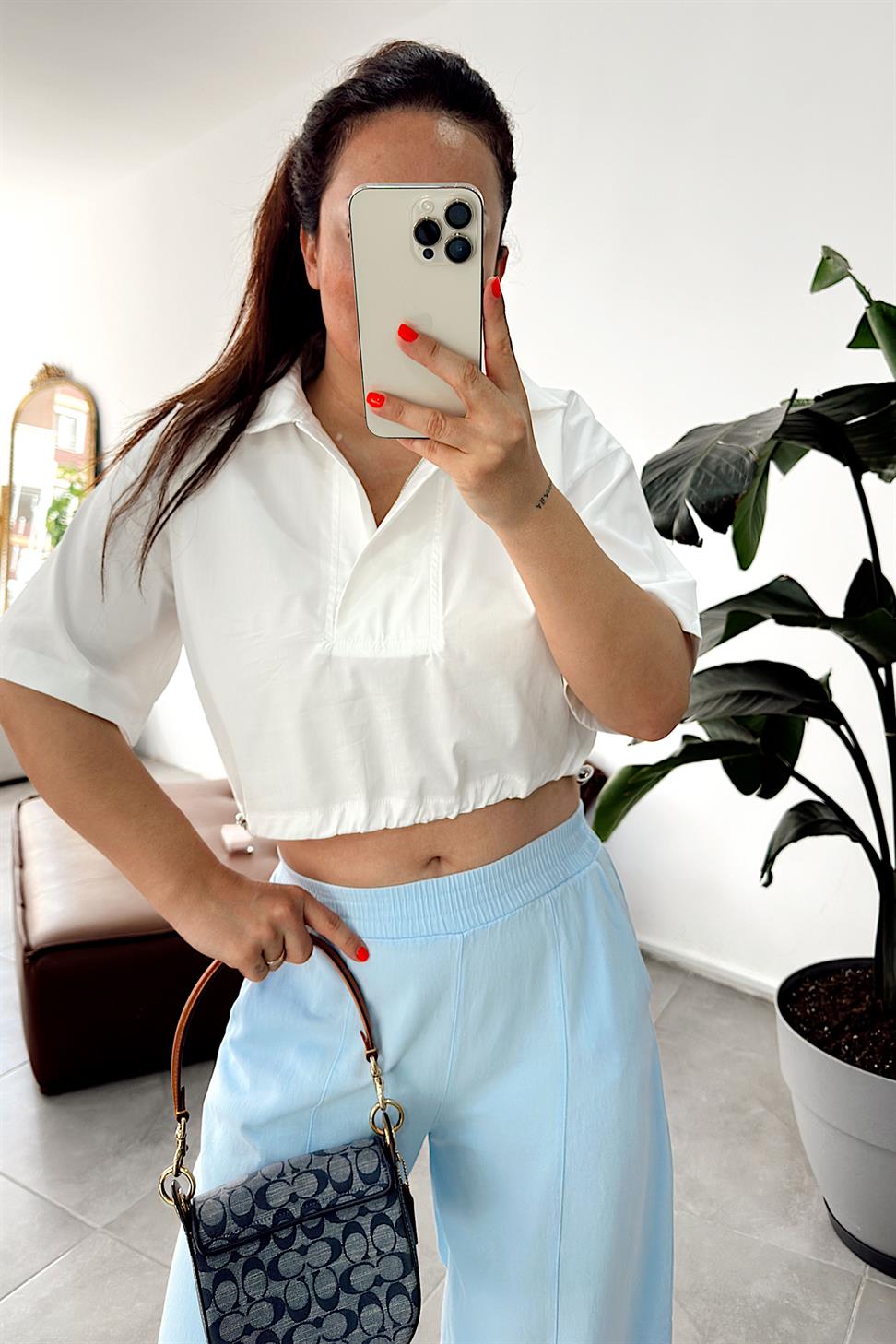 Oversize Geniş Kalıp Fermuarlı Crop Gömlek Beyaz