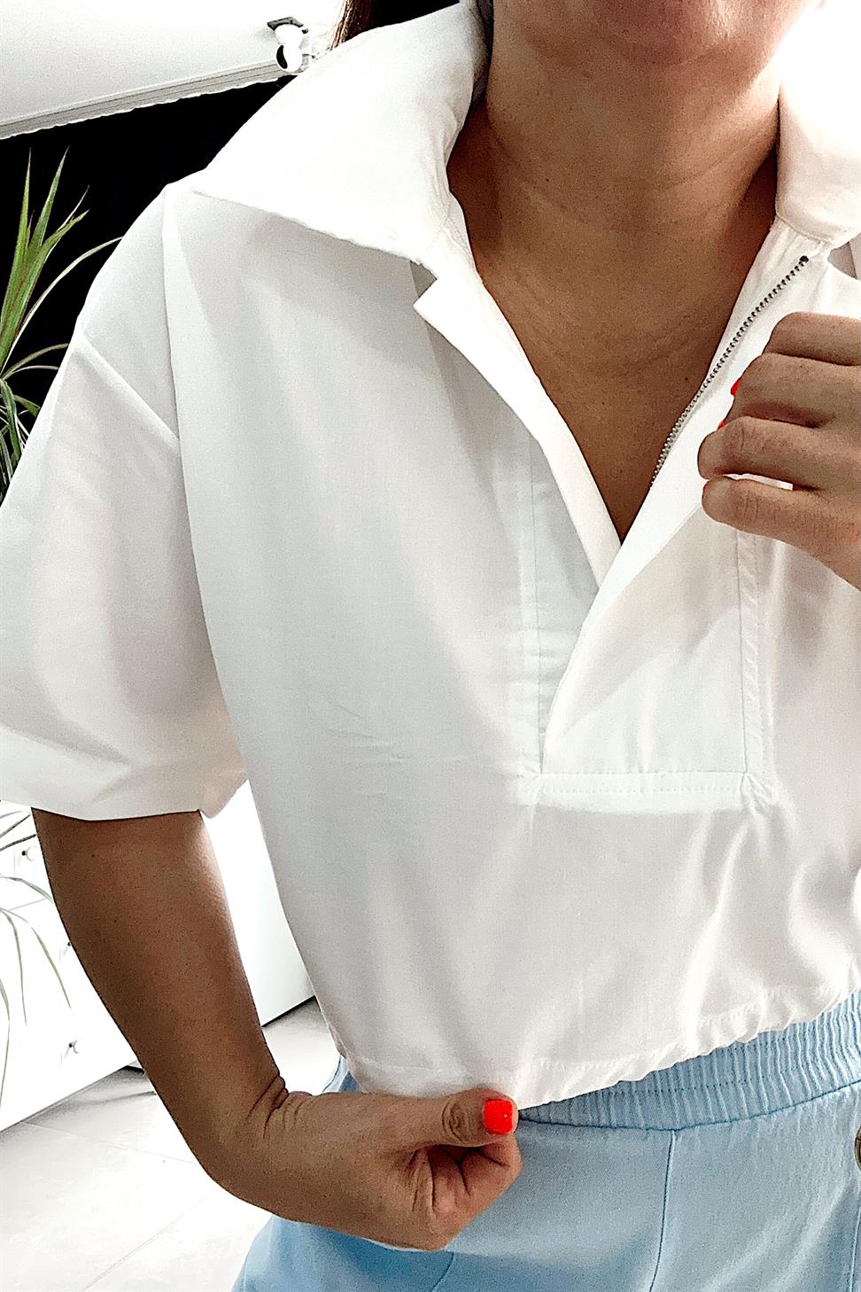 Oversize Geniş Kalıp Fermuarlı Crop Gömlek Beyaz