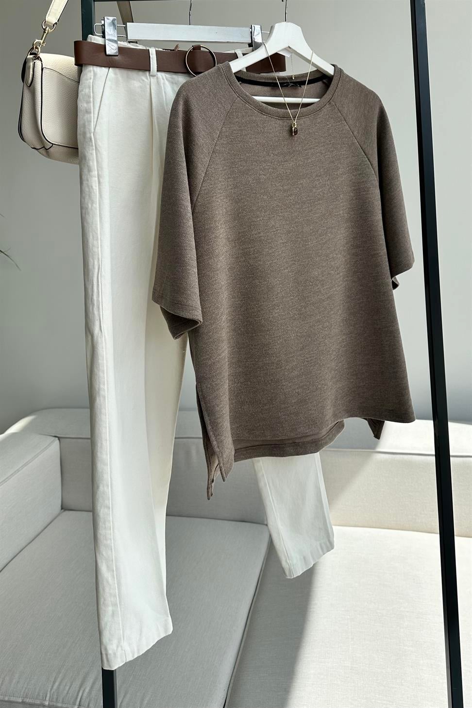 Oversize İnterlok Tişört Vizon