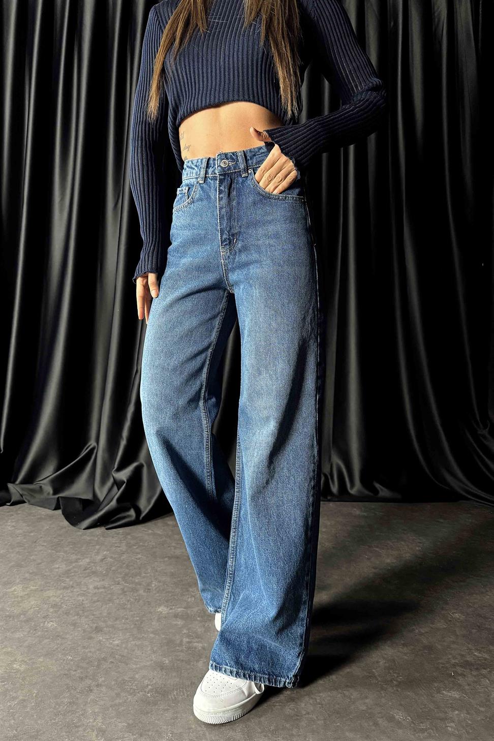 Yüksek Bel Baggy Kadın Jean Koyu Mavi