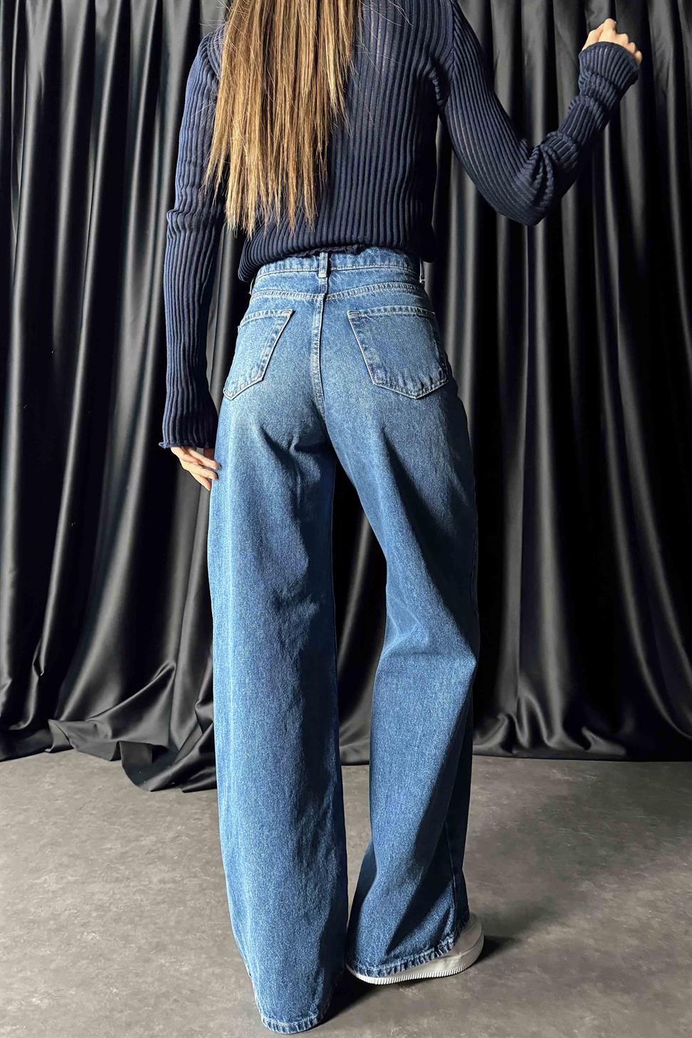 Yüksek Bel Baggy Kadın Jean Koyu Mavi