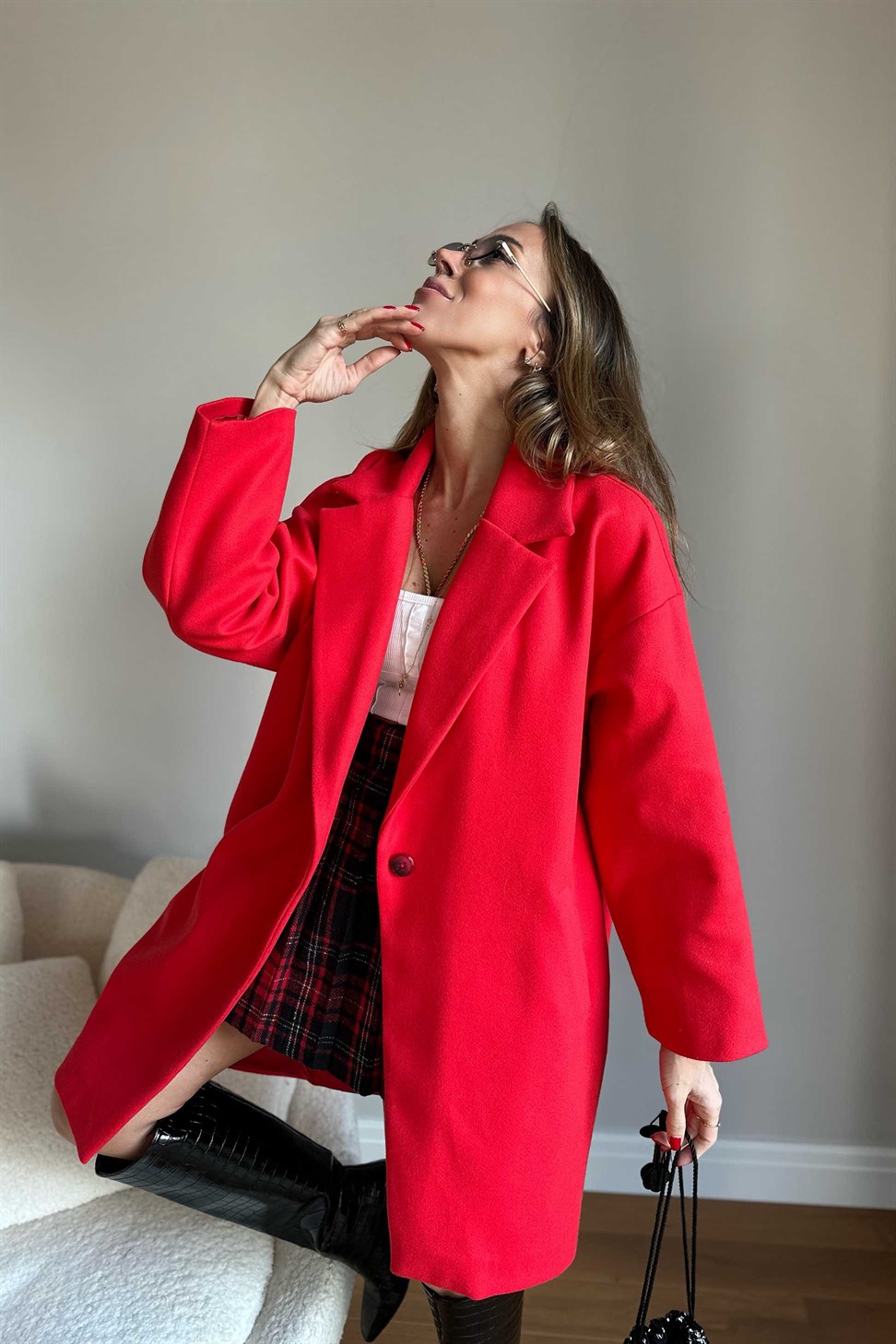 Oversize Kaşe Midi Kaban Kırmızı