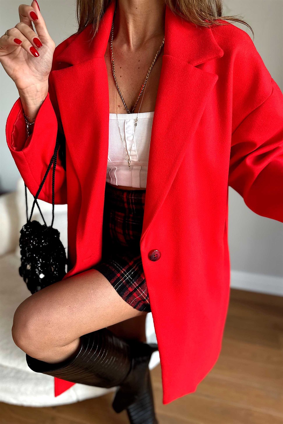 Oversize Kaşe Midi Kaban Kırmızı