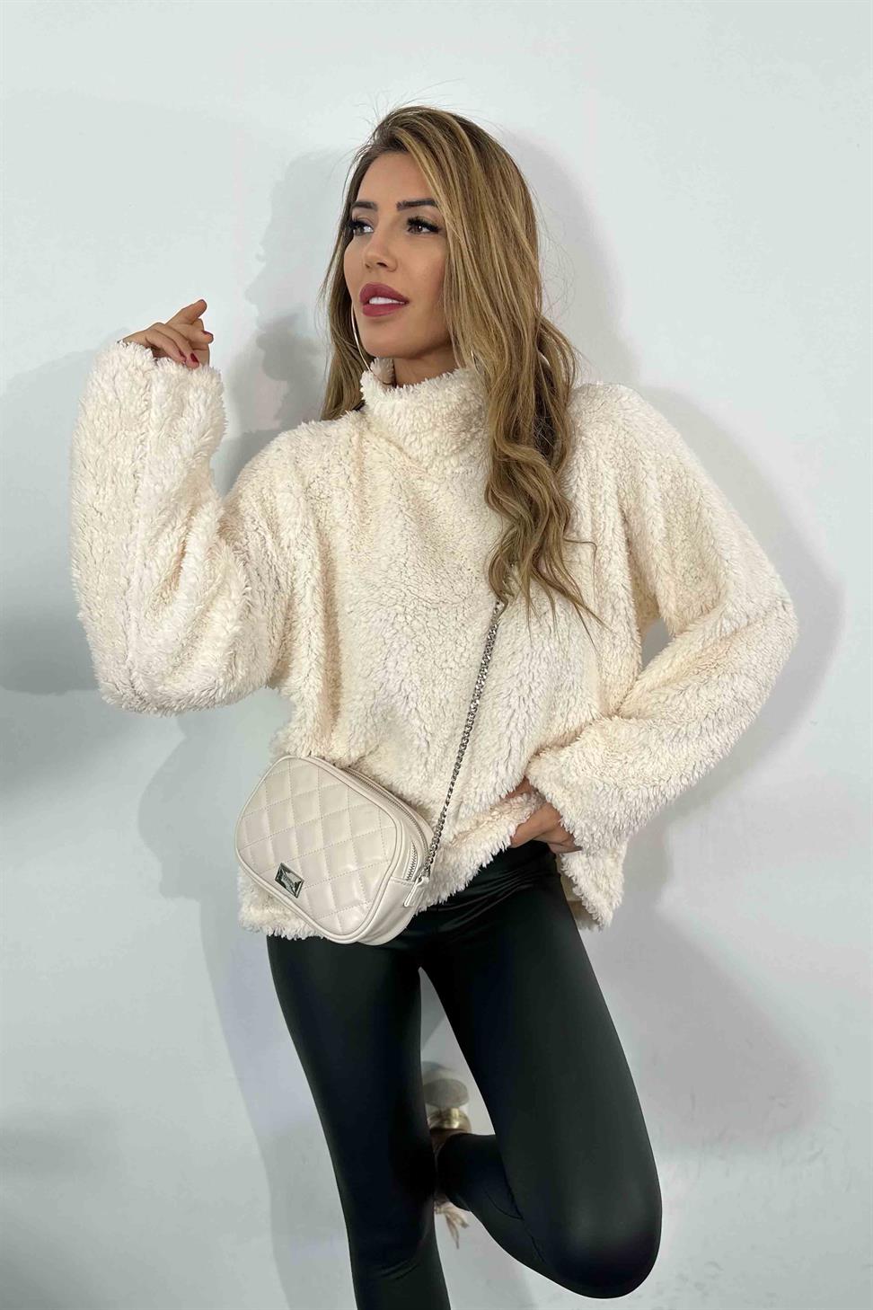 Oversize Teddy Kadın Sweatshirt Ekru