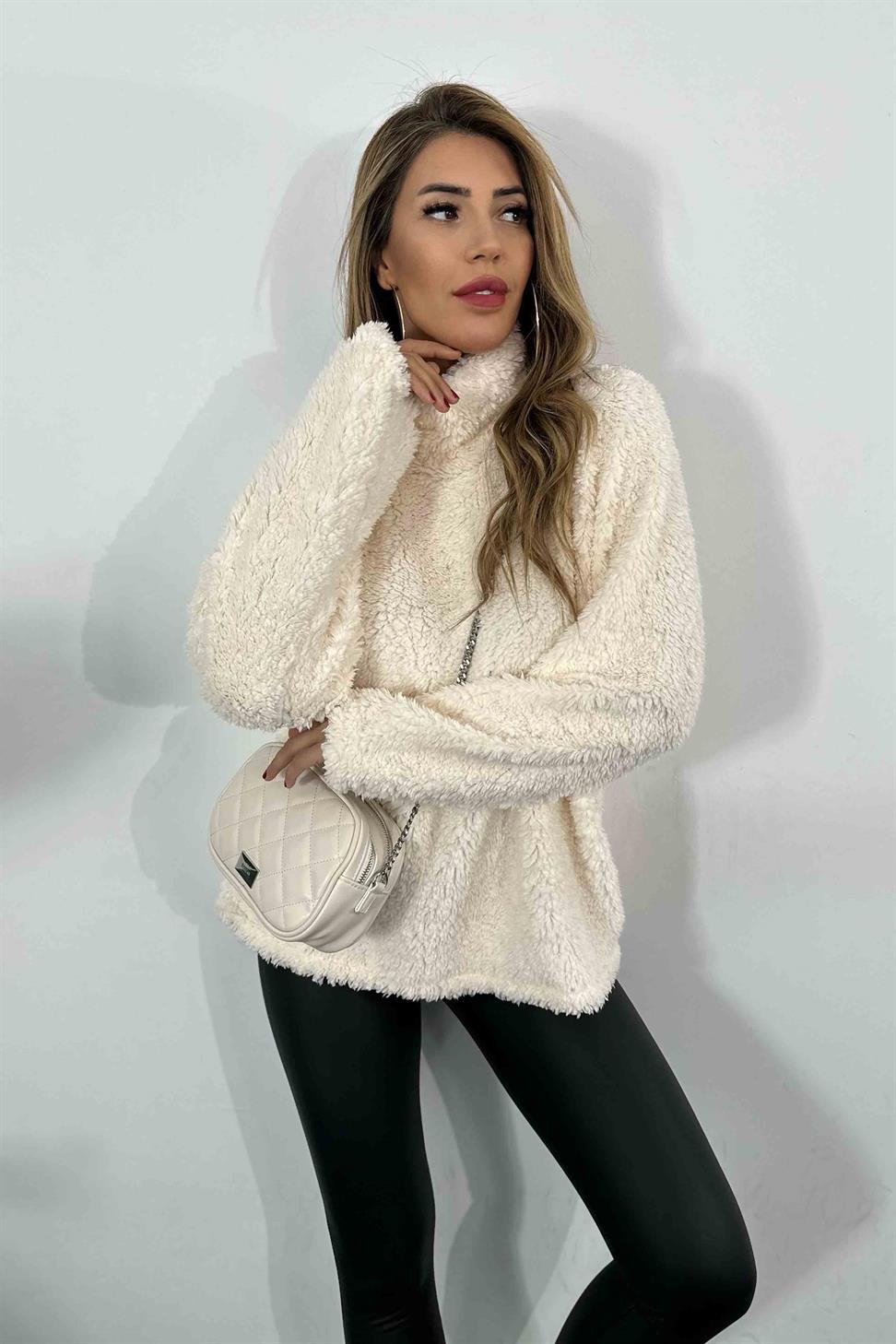 Oversize Teddy Kadın Sweatshirt Ekru