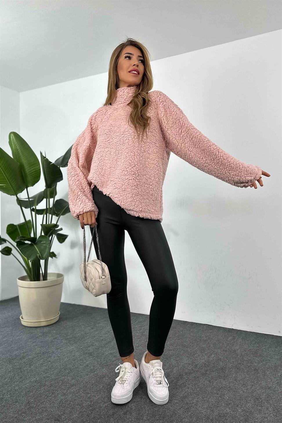Oversize Teddy Kadın Sweatshirt Toz Pembe