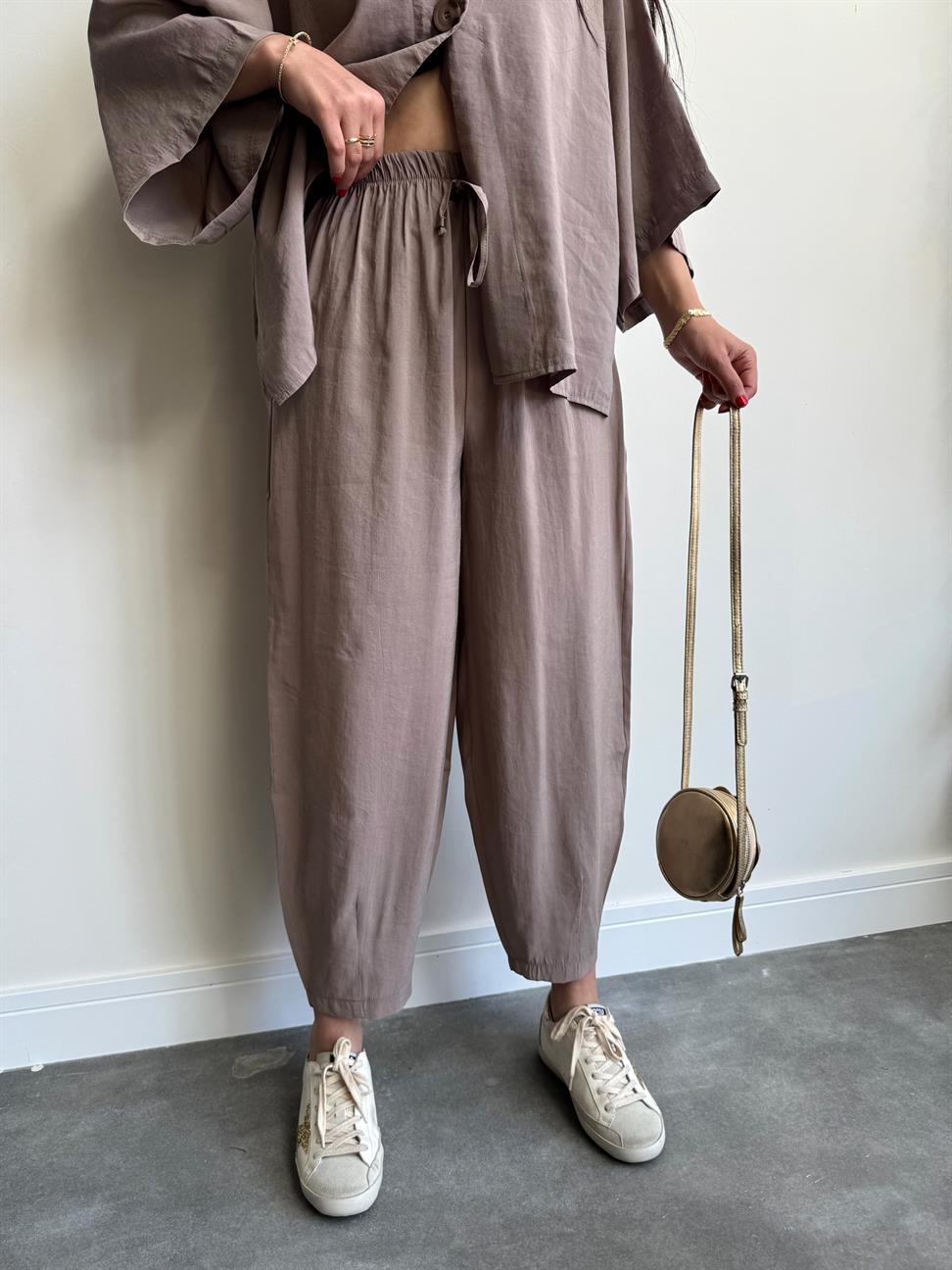 Oversize Tensel Gömlek Pantolon Takım Vizon