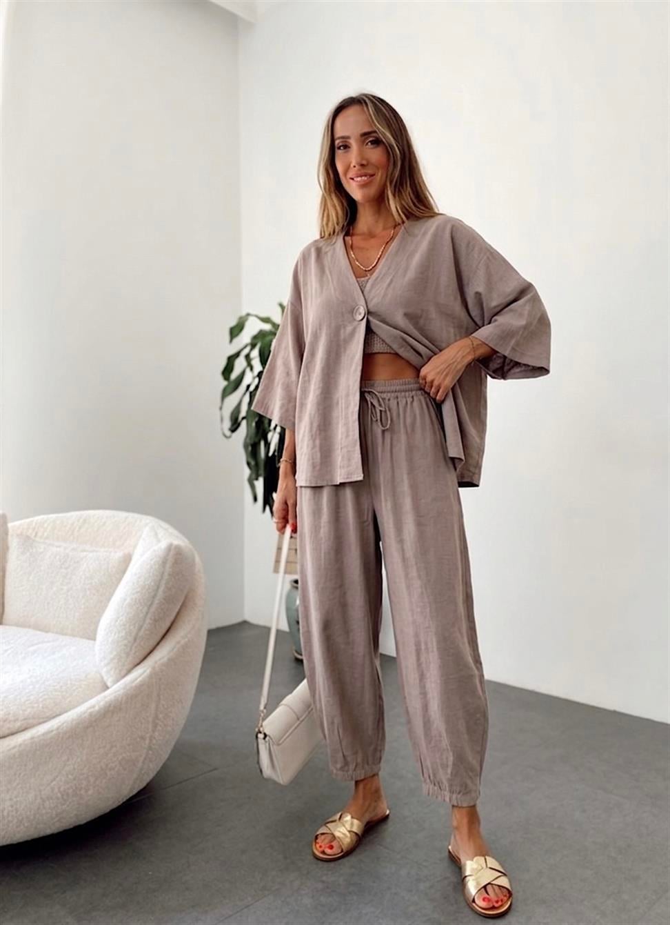 Oversize Tensel Gömlek Pantolon Takım Vizon