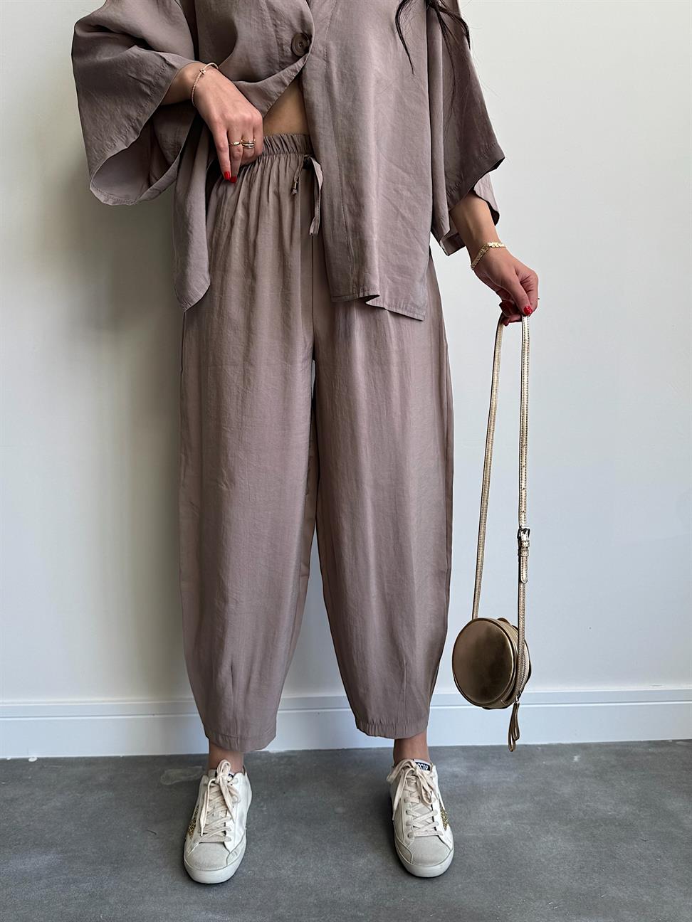 Oversize Tensel Gömlek Pantolon Takım Vizon