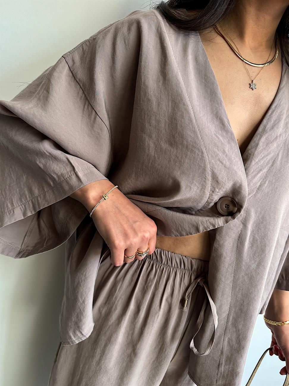 Oversize Tensel Gömlek Pantolon Takım Vizon