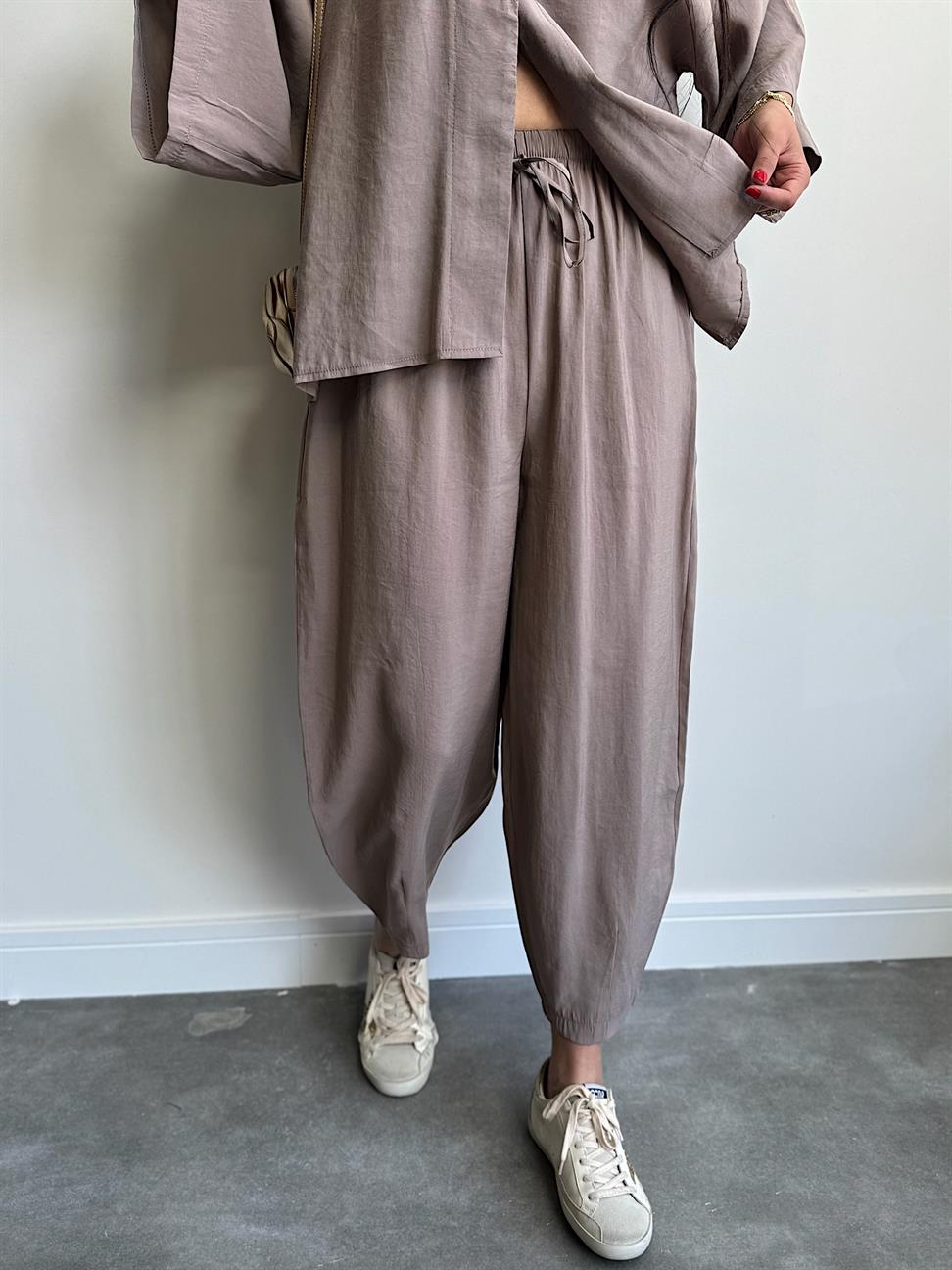 Oversize Tensel Gömlek Pantolon Takım Vizon