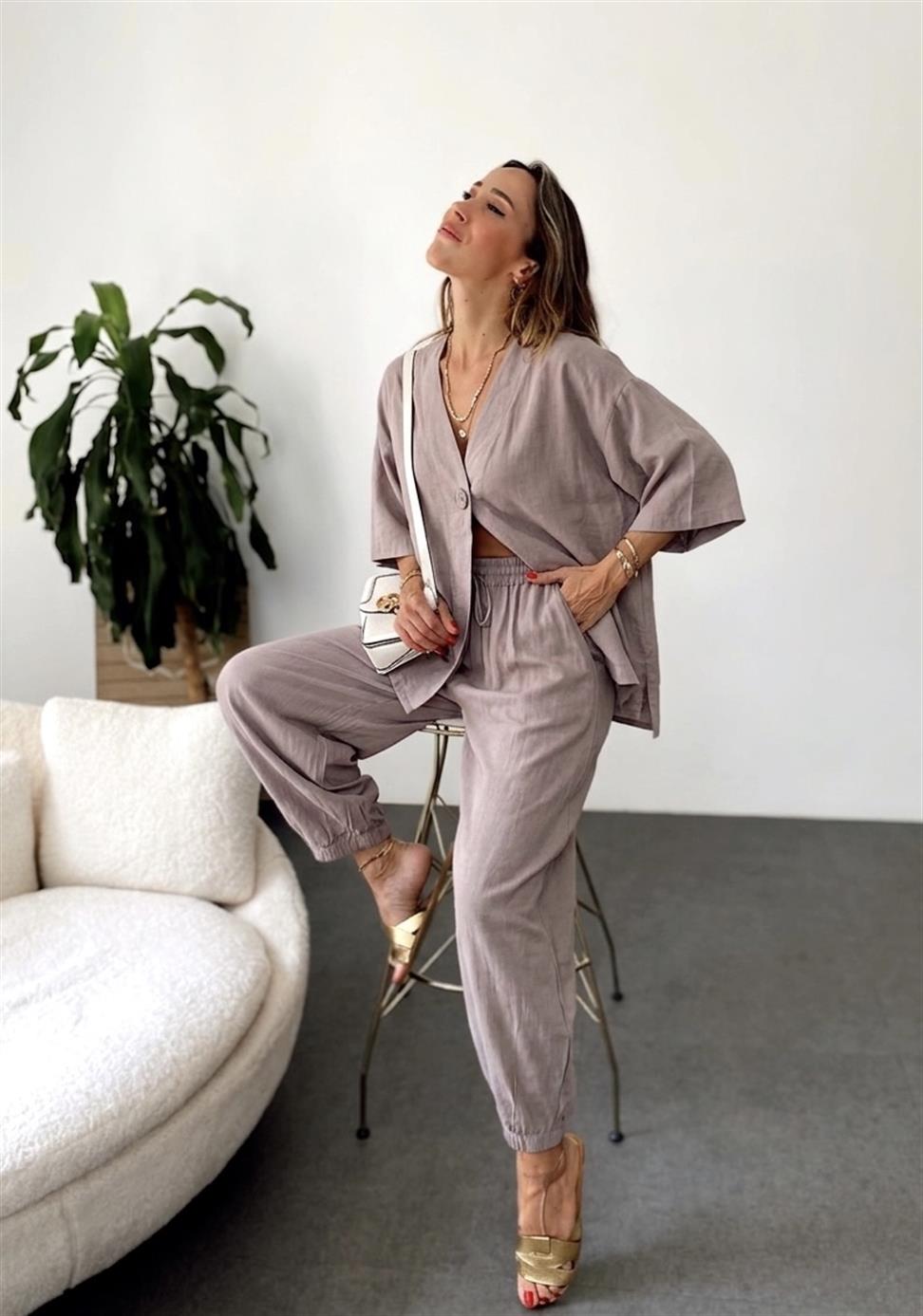 Oversize Tensel Gömlek Pantolon Takım Vizon