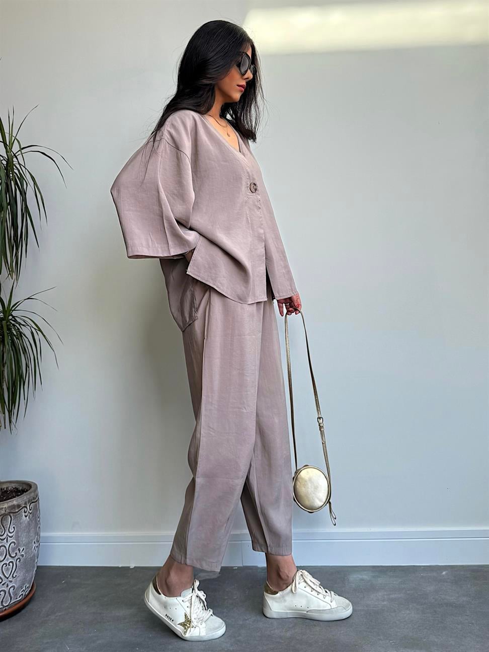 Oversize Tensel Gömlek Pantolon Takım Vizon