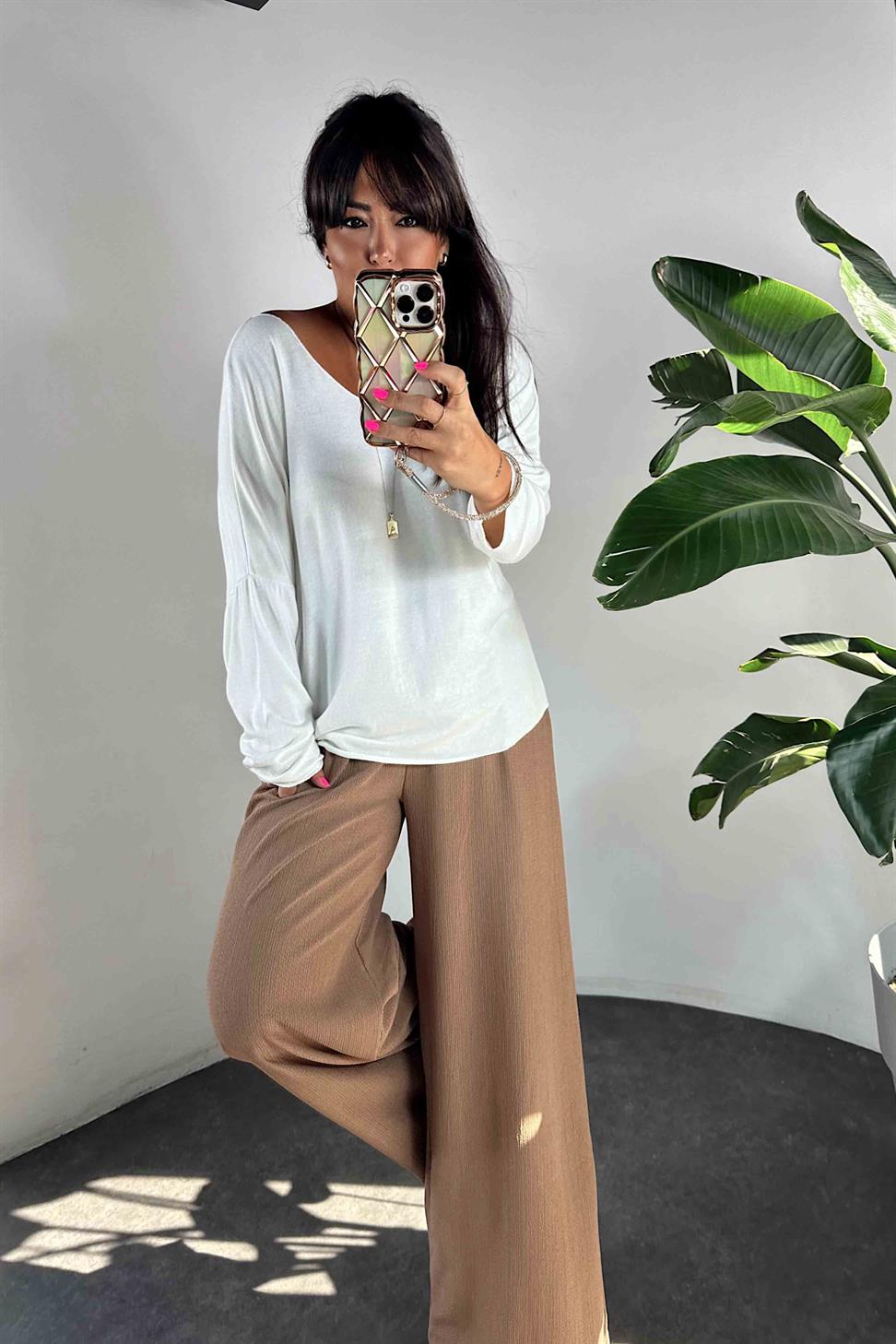 Oversize V Yaka Angora Kadın Kazak Beyaz