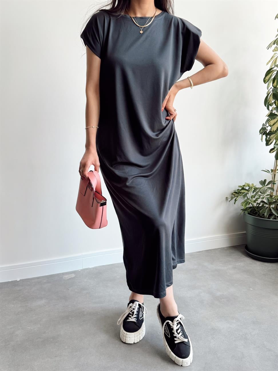 Oysh Vatkalı Tensel Elbise Antrasit