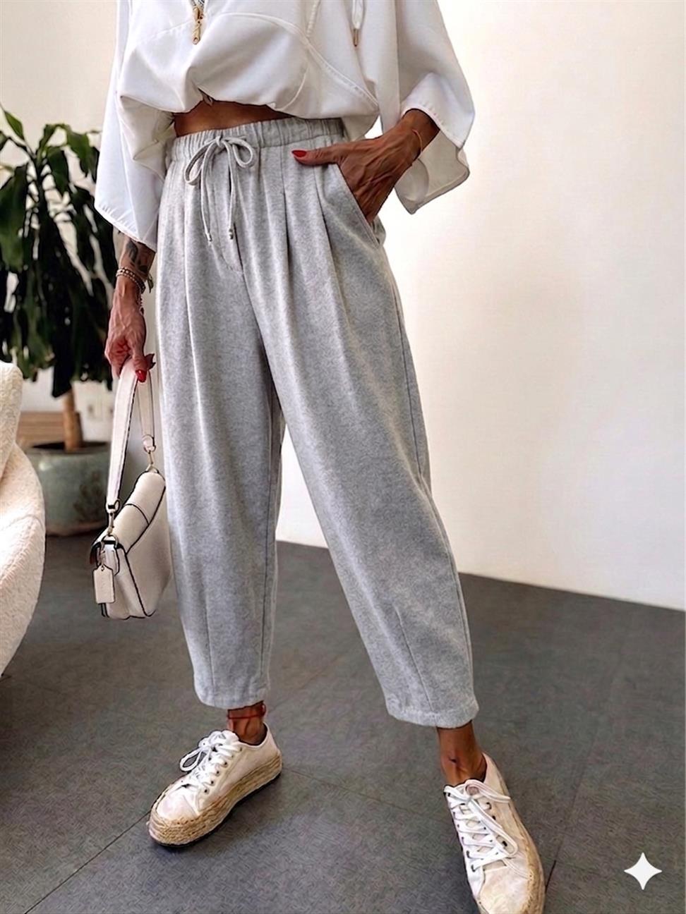 Paçası Pens Dikişli Beli Lastikli Keten Karışımlı Pantolon Gri