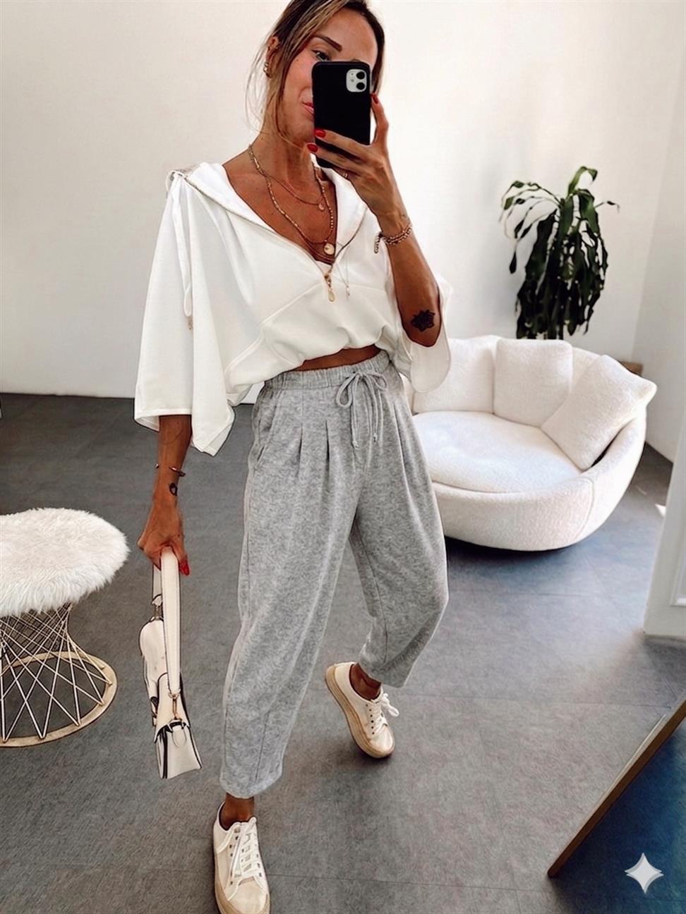 Paçası Pens Dikişli Beli Lastikli Keten Karışımlı Pantolon Gri