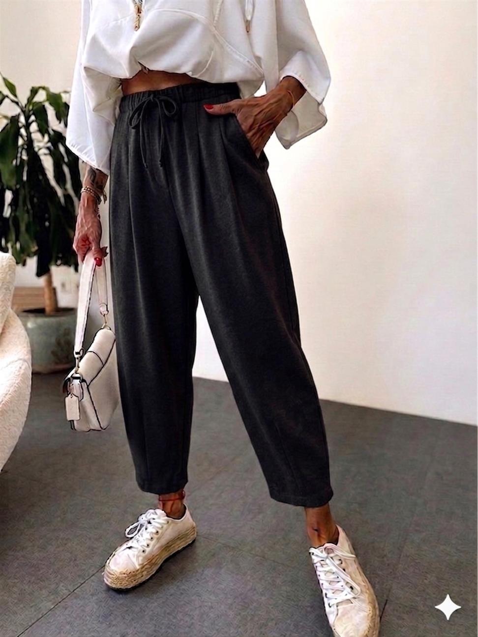Paçası Pens Dikişli Beli Lastikli Keten Karışımlı Pantolon Siyah