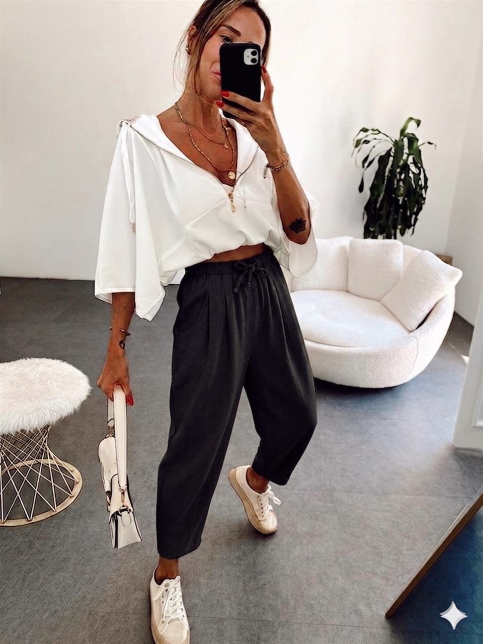 Paçası Pens Dikişli Beli Lastikli Keten Karışımlı Pantolon Siyah