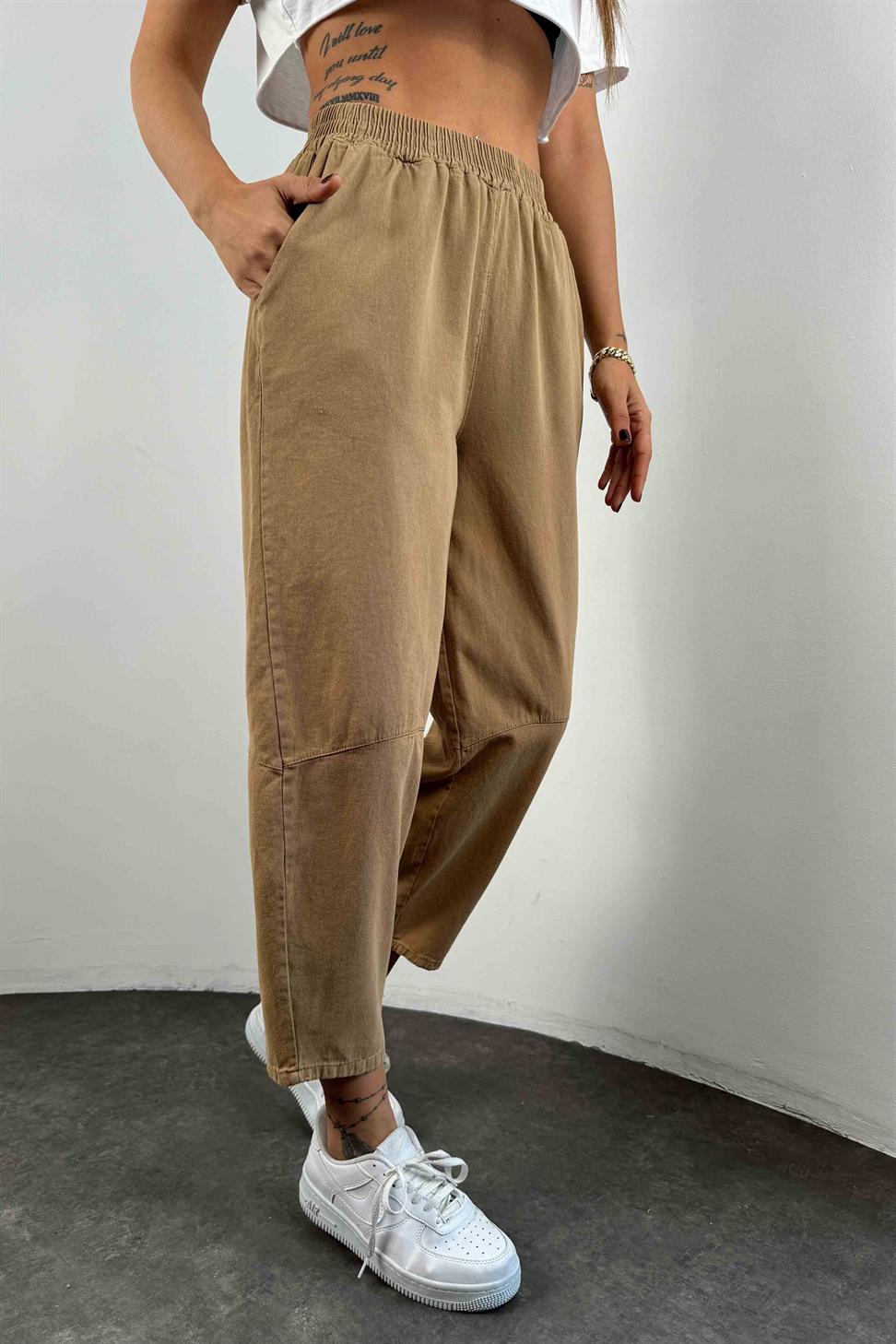 Pamuklu Gabardin Kumaş Dizi Dikiş Detay Şalvar Pantolon Camel