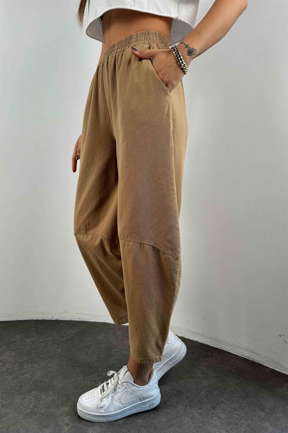 Pamuklu Gabardin Kumaş Dizi Dikiş Detay Şalvar Pantolon Camel