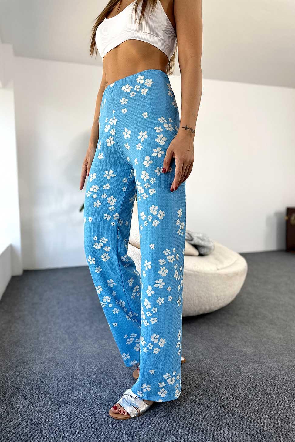 Pamuklu Gofre Kumaş Çiçek Desen Beli Lastikli Salaş Pantolon Mavi