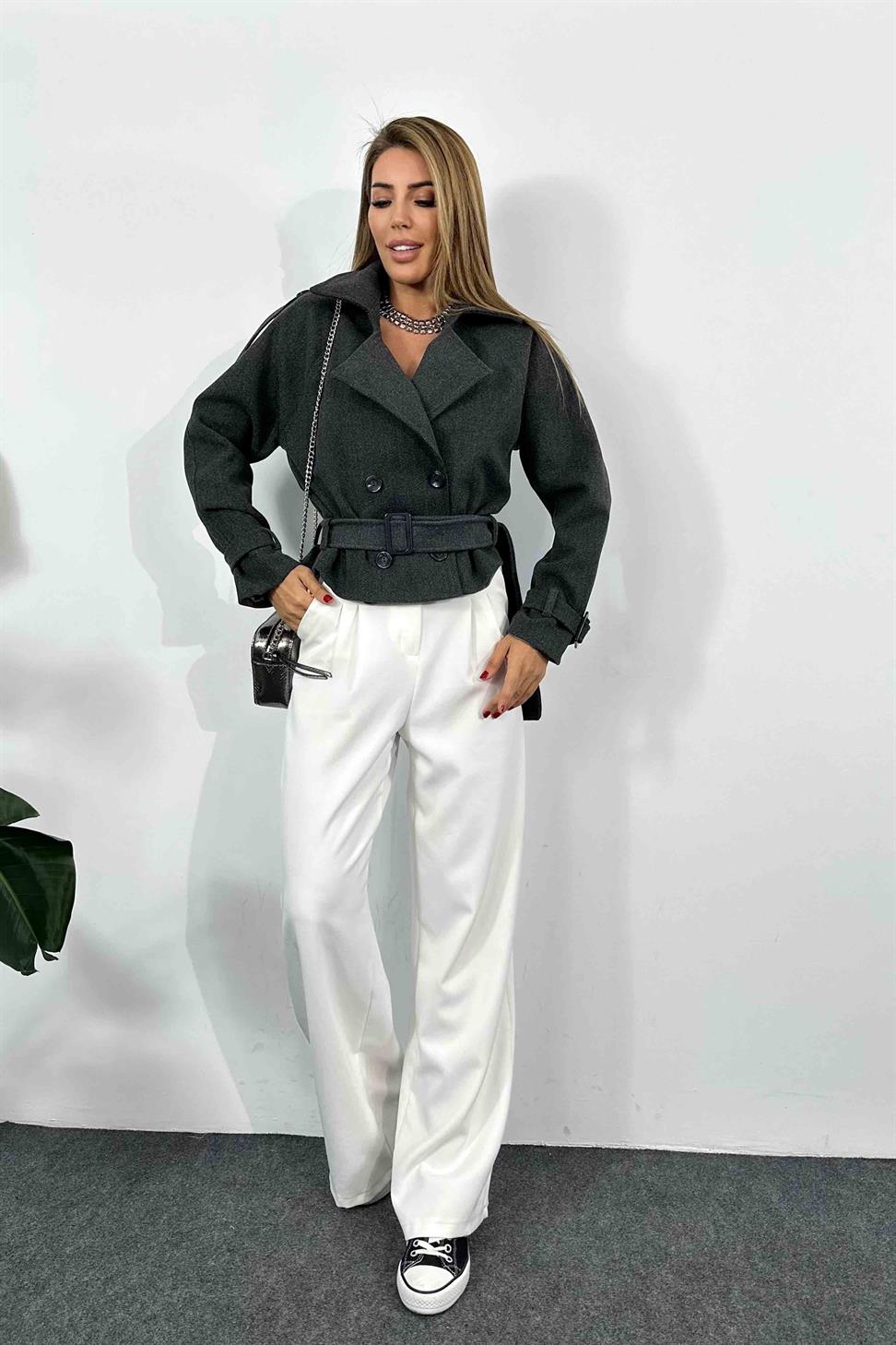 Pamuklu Kaşe Kumaş Kısa Kadın Kaban Antrasit