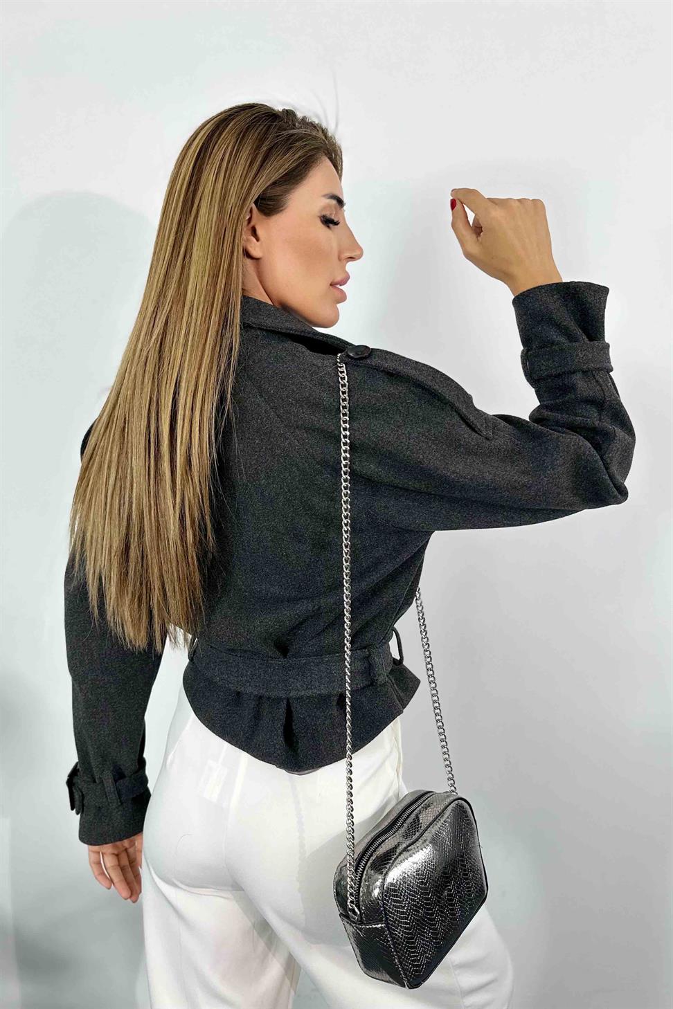 Pamuklu Kaşe Kumaş Kısa Kadın Kaban Antrasit