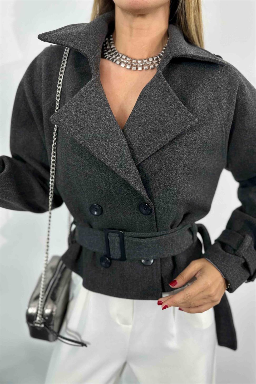 Pamuklu Kaşe Kumaş Kısa Kadın Kaban Antrasit