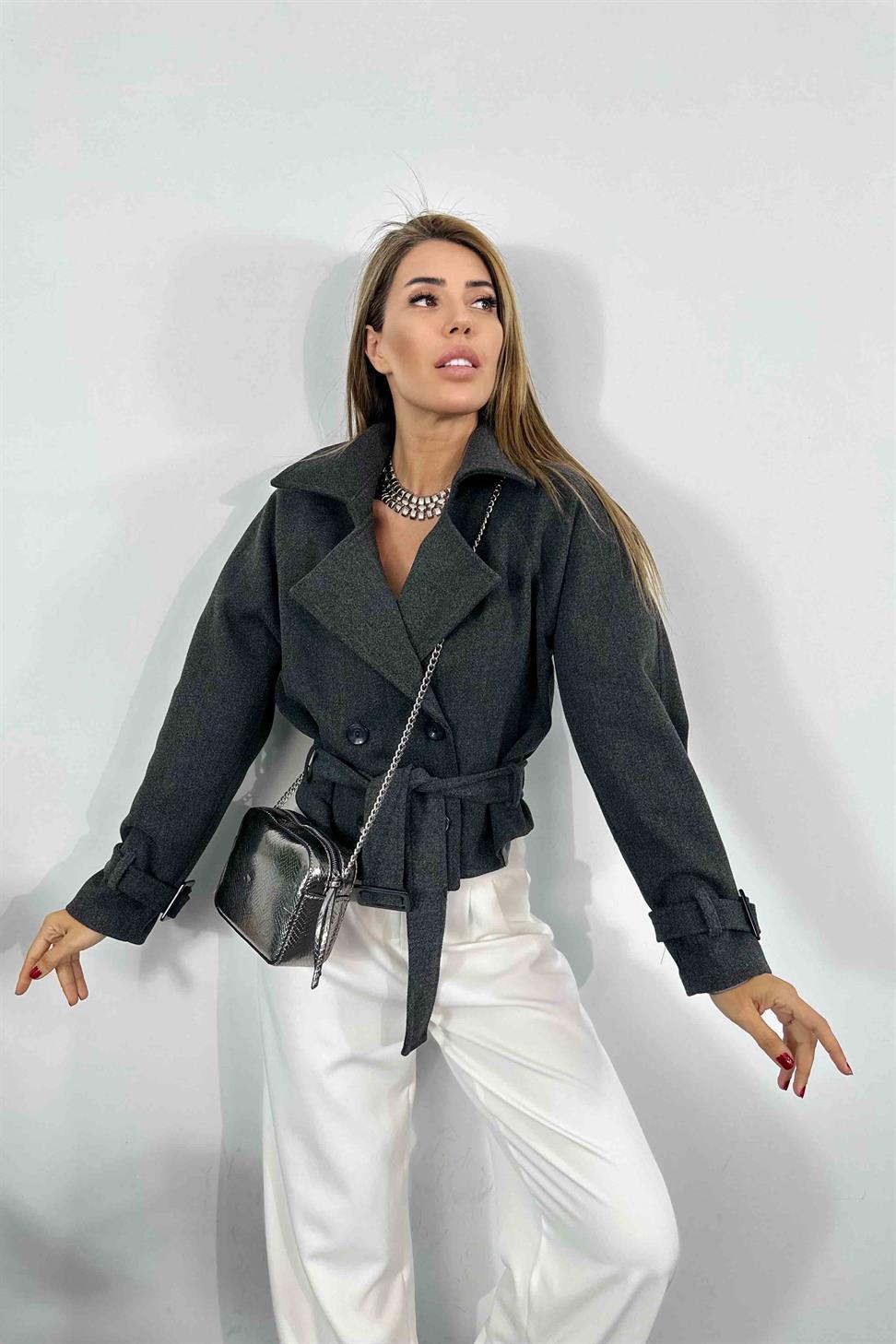 Pamuklu Kaşe Kumaş Kısa Kadın Kaban Antrasit