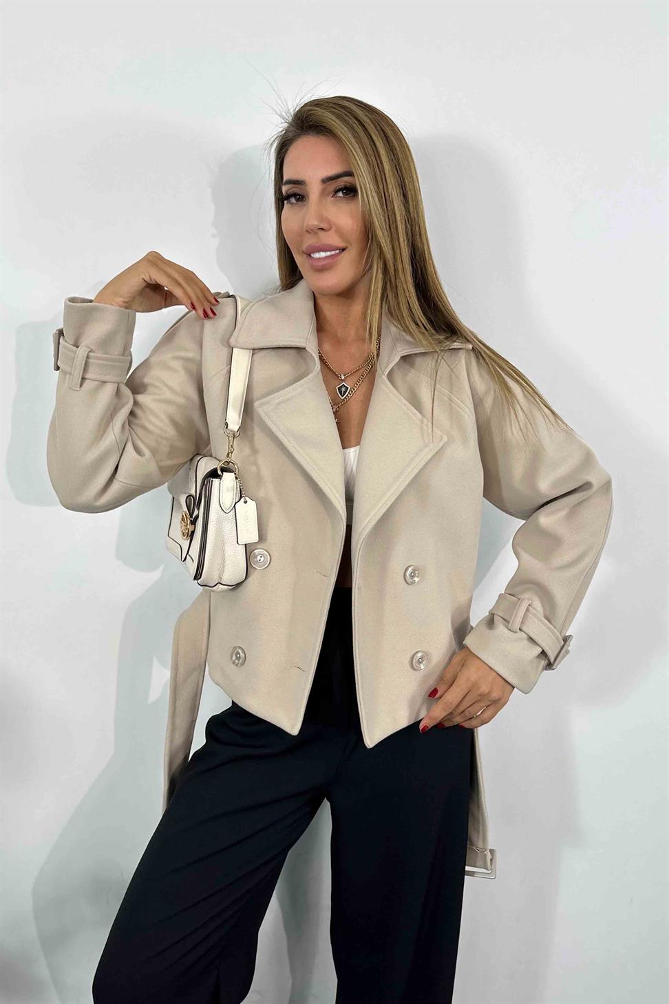 Pamuklu Kaşe Kumaş Kısa Kadın Kaban Taş