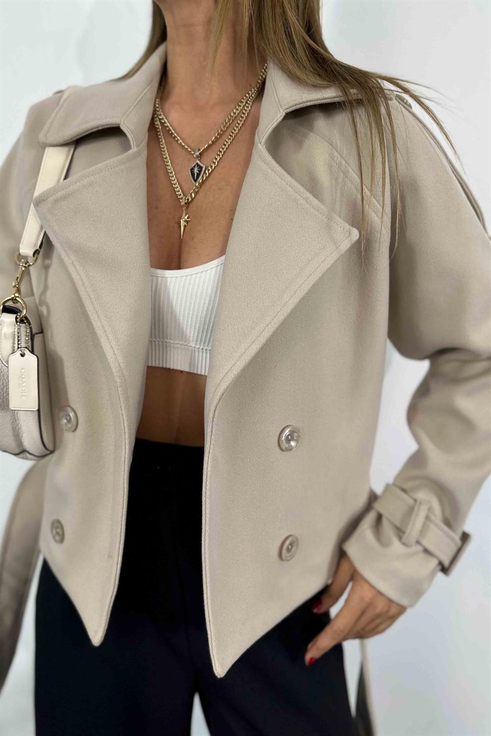 Pamuklu Kaşe Kumaş Kısa Kadın Kaban Taş