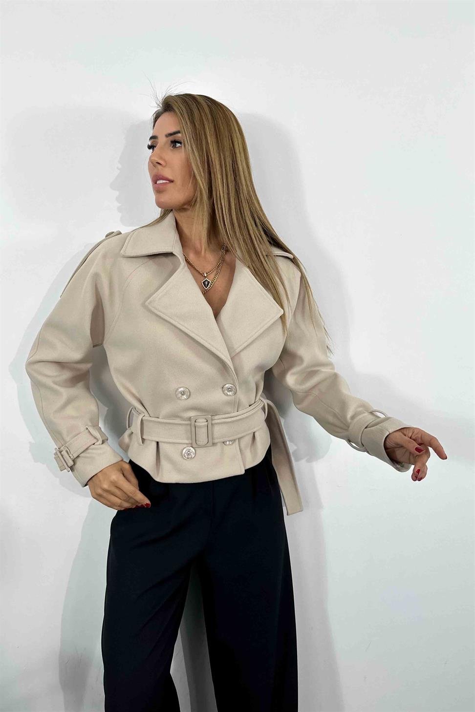 Pamuklu Kaşe Kumaş Kısa Kadın Kaban Taş