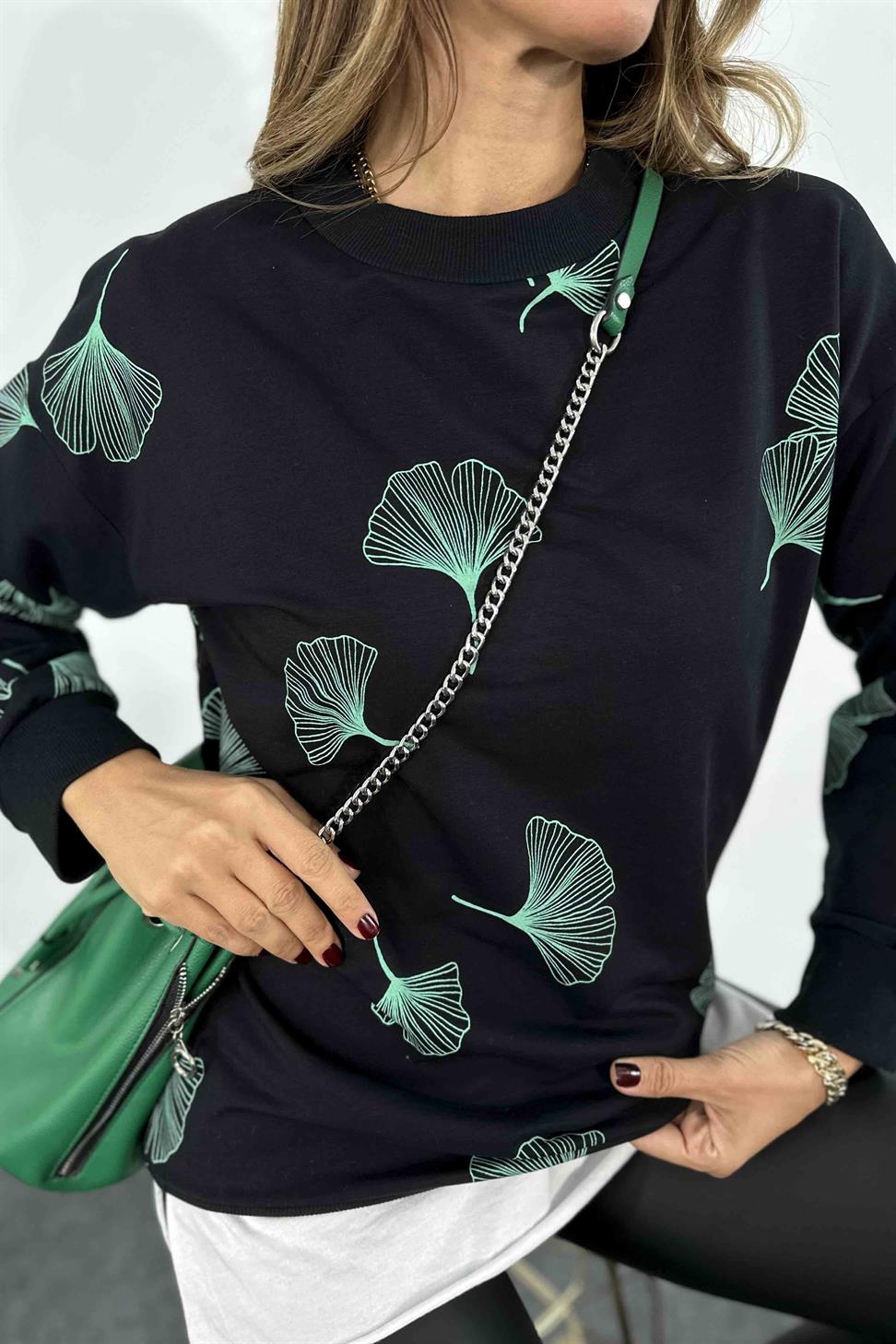 Pamuklu Kumaş Desen Detaylı Sweatshirt Siyah