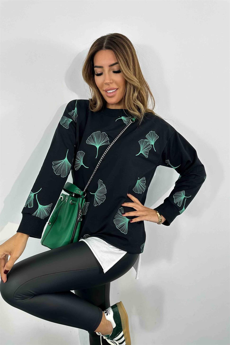 Pamuklu Kumaş Desen Detaylı Sweatshirt Siyah