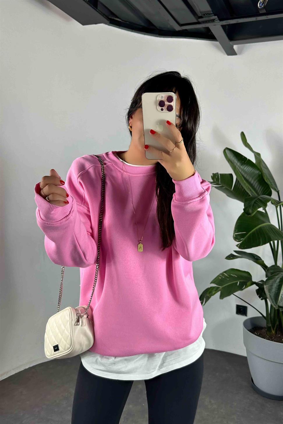 Pamuklu Kumaş İçi Şardonlu Oversize Sweatshirt Pembe
