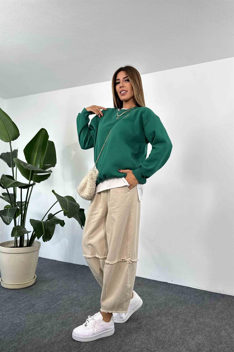 Pamuklu Kumaş İçi Şardonlu Oversize Sweatshirt Zümrüt