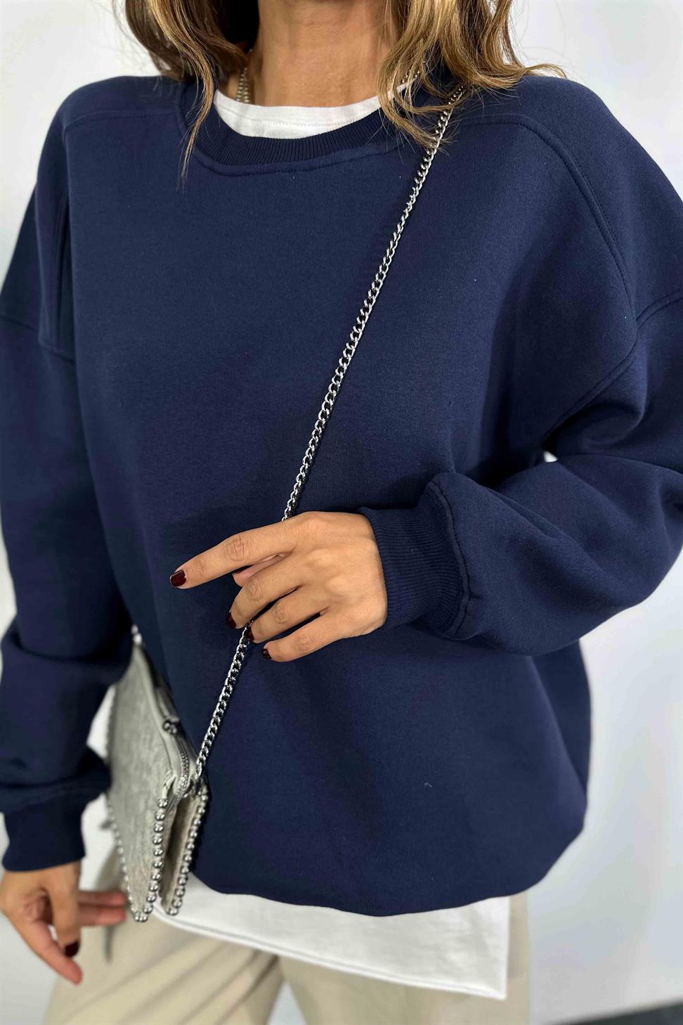 Pamuklu Kumaş İçi Şardonlu Oversize Sweatshirt Lacivert