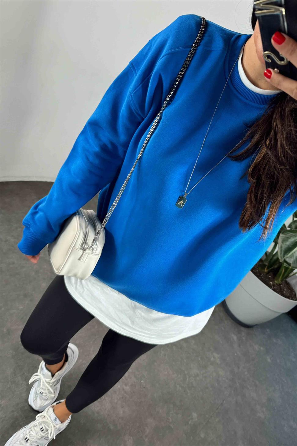 Pamuklu Kumaş İçi Şardonlu Oversize Sweatshirt Mavi