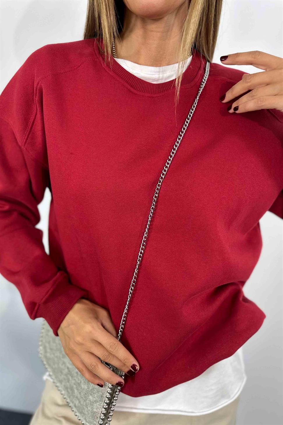 Pamuklu Kumaş İçi Şardonlu Oversize Sweatshirt Bordo
